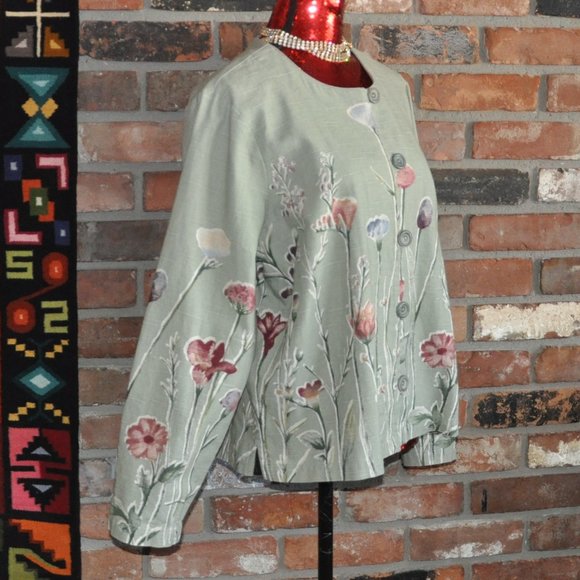 Coldwater Creek Sage Green Botanical Floral Print Button Up Jacket Coat L - Picture 2 of 8